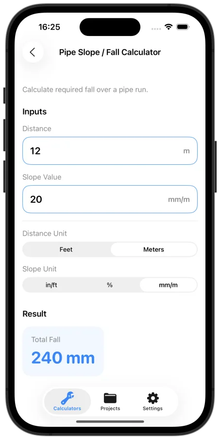 Plumbing Calculator & Tools on iPhone showing a 12-meter pipe run, a slope of 20 millimeters per meter, and a calculated total fall of 240 millimeters