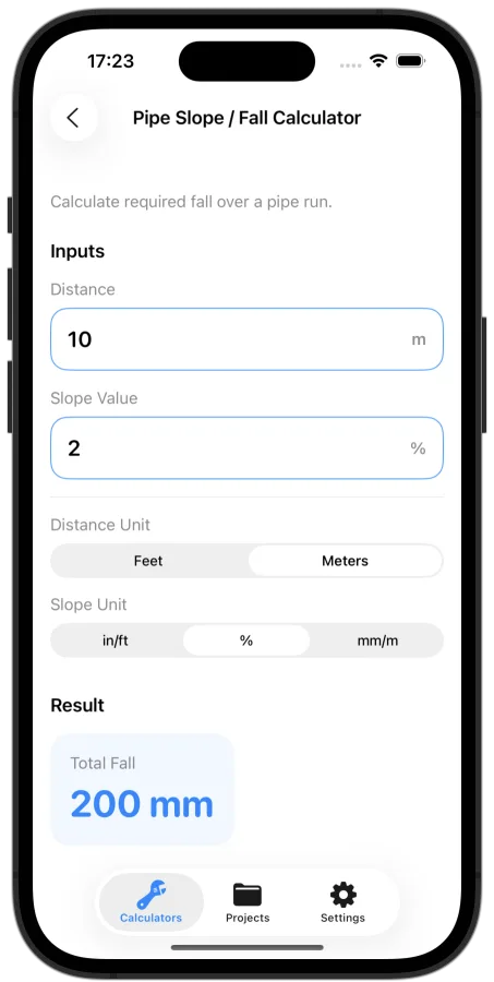 Plumbing Calculator & Tools on iPhone showing a 10-meter pipe run, a 2 percent slope, and a calculated total fall of 200 millimeters